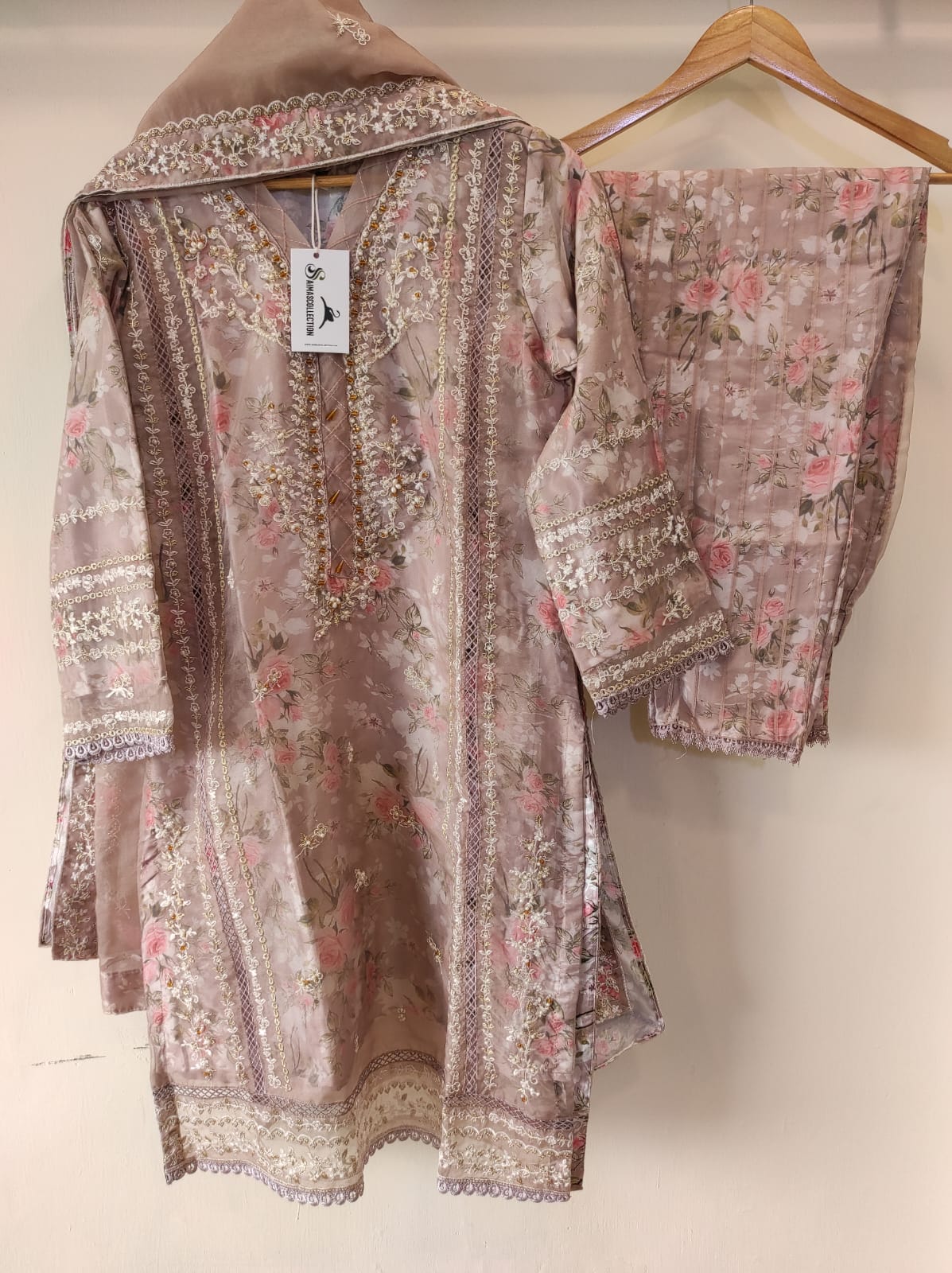 Floral printed organza set - Nude brown