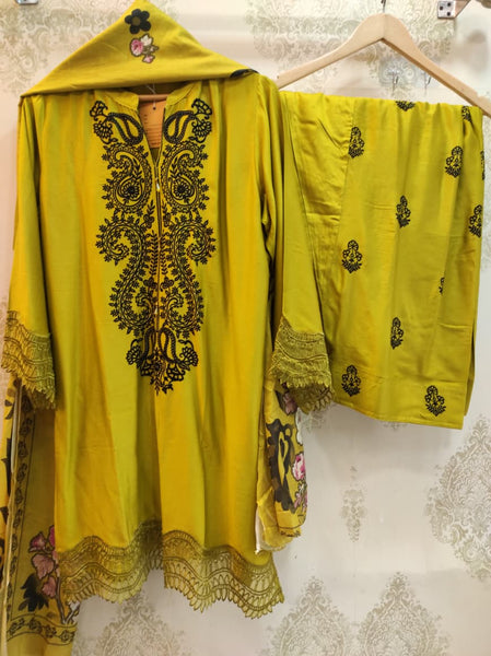 Neon Yellow Rayon Satin Embroidered Suit
