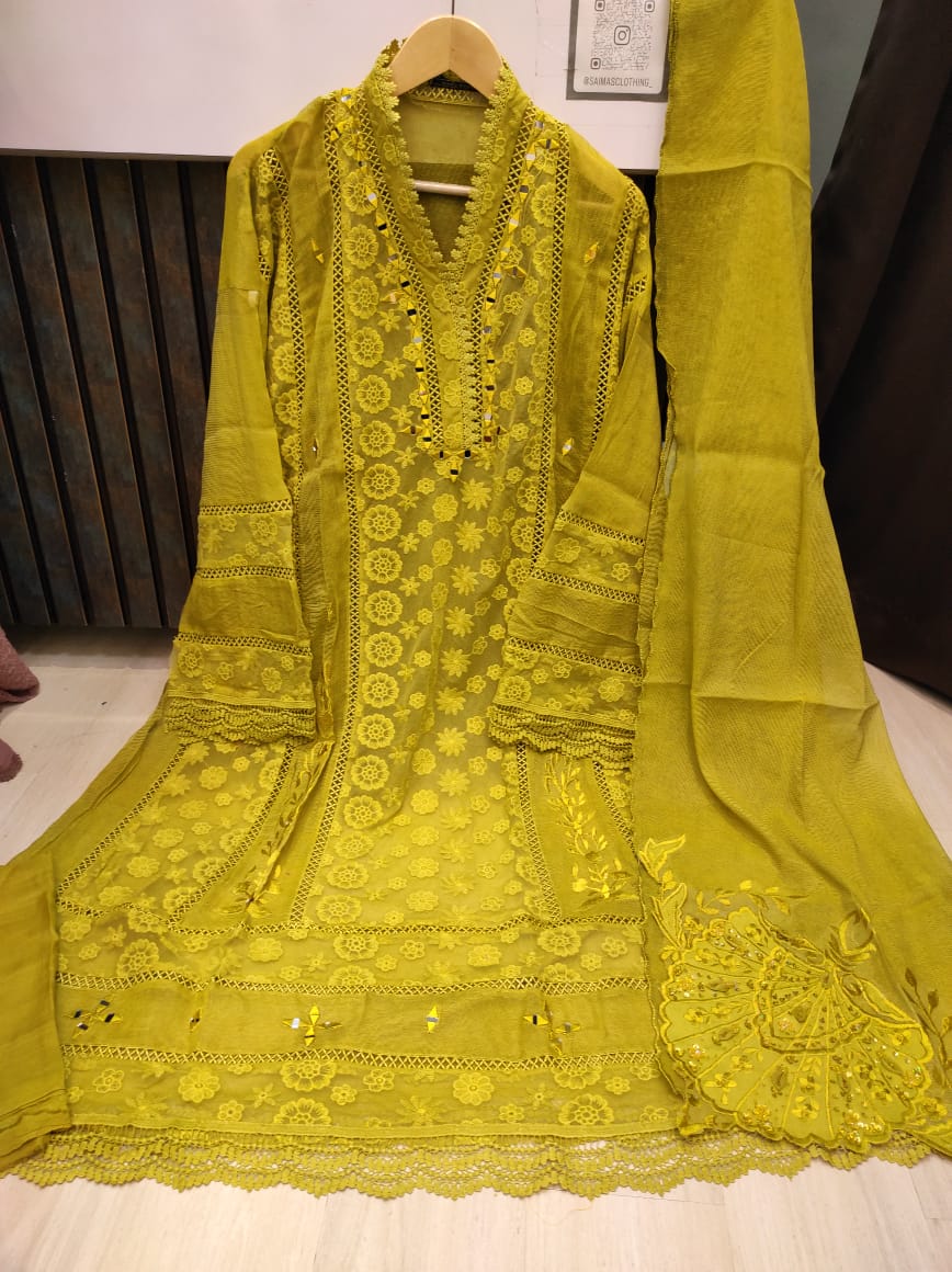 Neon Yellow Khaadi Net Semi-stitched Long Kurta Set