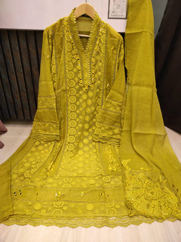 Neon Yellow Khaadi Net Semi-stitched Long Kurta Set