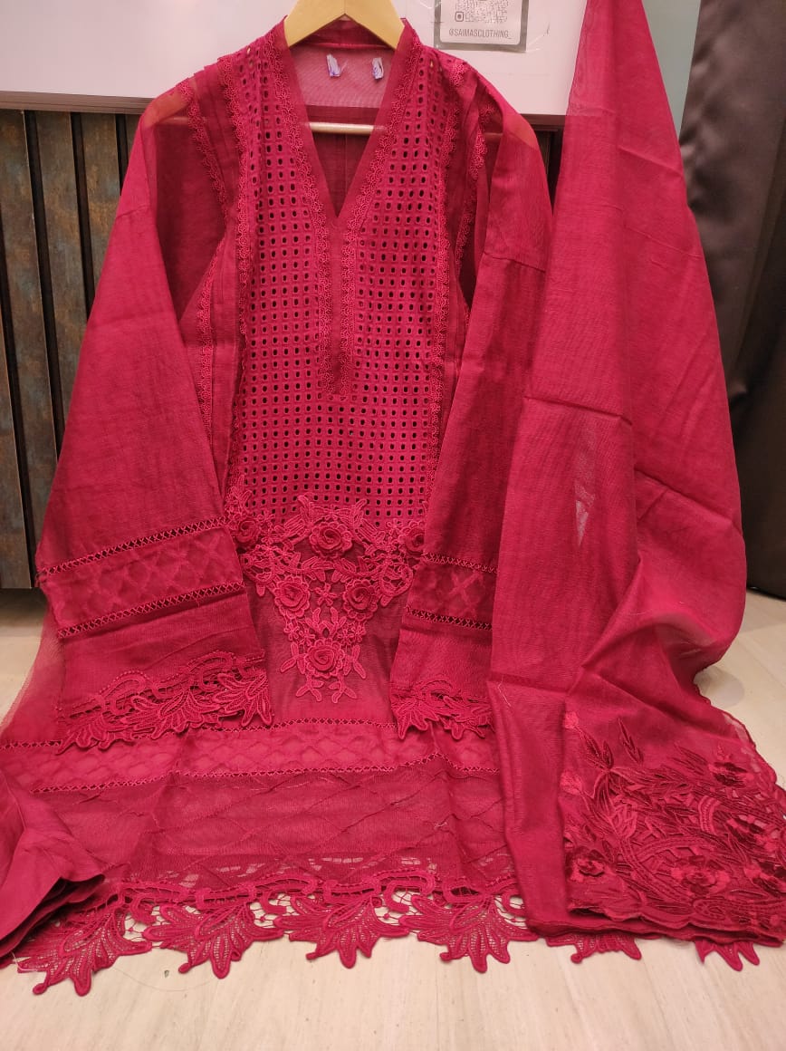 Red Khaadi Net Semi-stitched Kurta Set