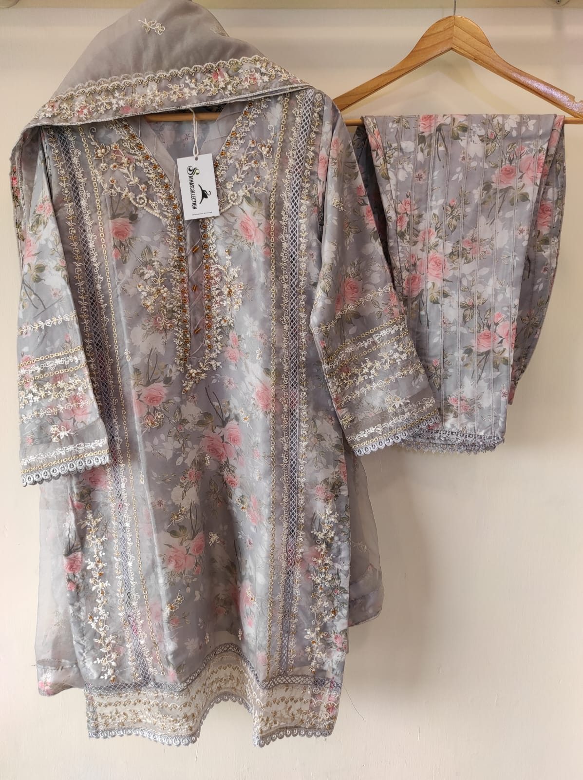Floral printed organza set - Ice Blue