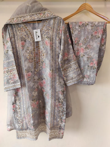 Floral printed organza set - Ice Blue
