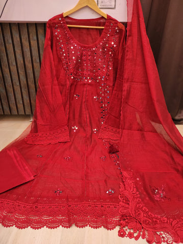 Red Khaadi Net Semi-stitched Frock