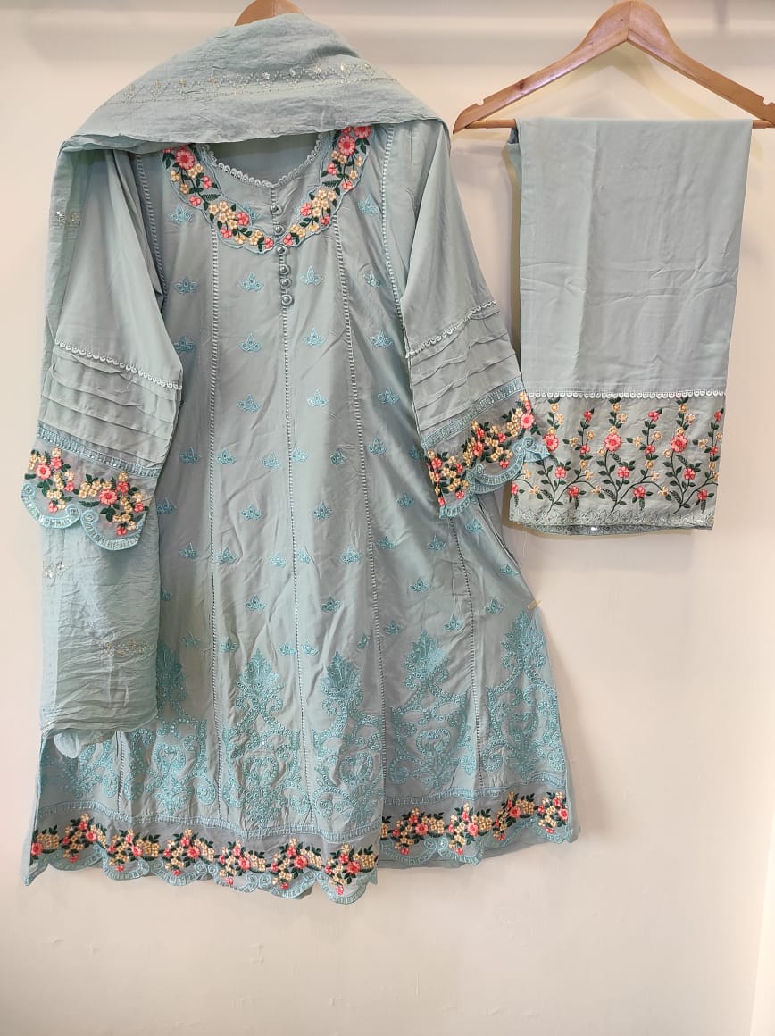 Sky Blue Embroidered Frock Set