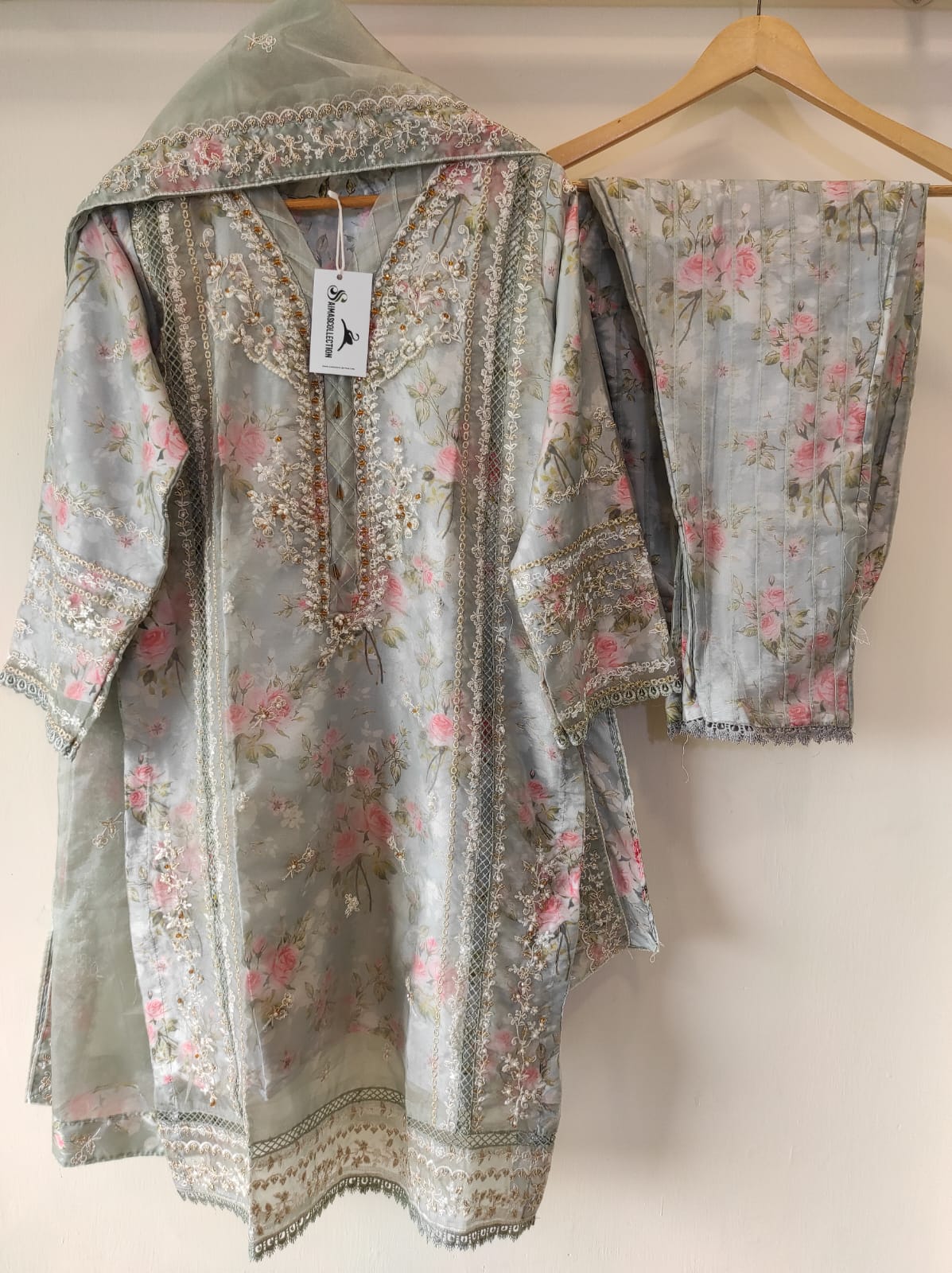 Floral printed organza set - Sea Green