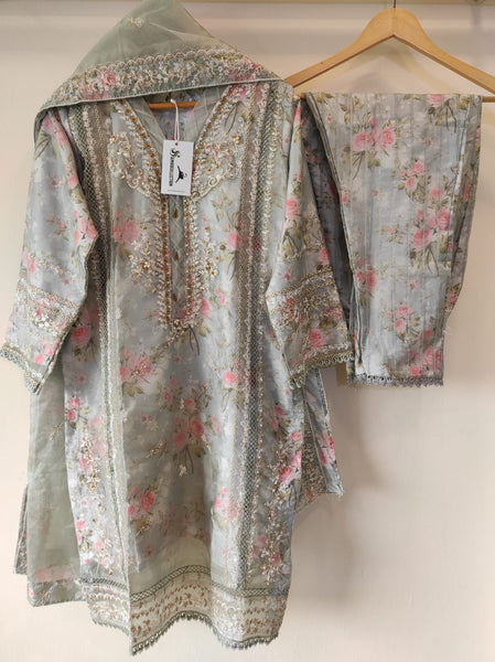 Floral printed organza set - Sea Green