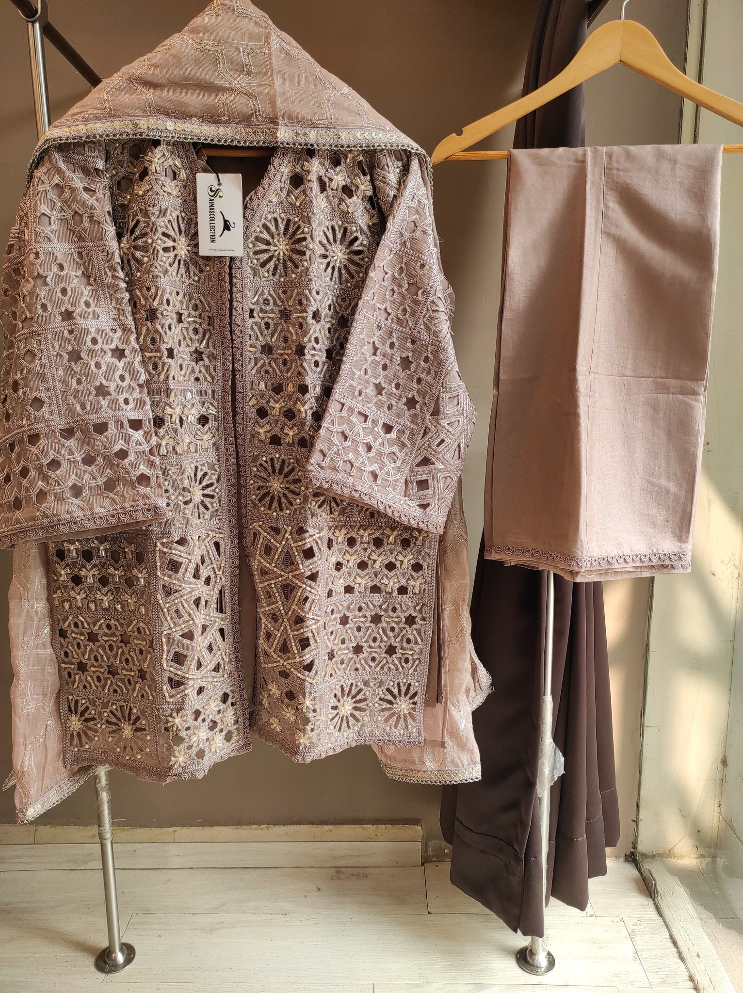Mauve Pink Cutwork Jacket Set