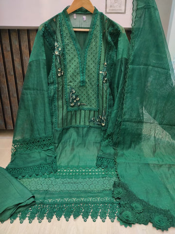 Peacock Green Khaadi Net Semi-stitched Kurta Set