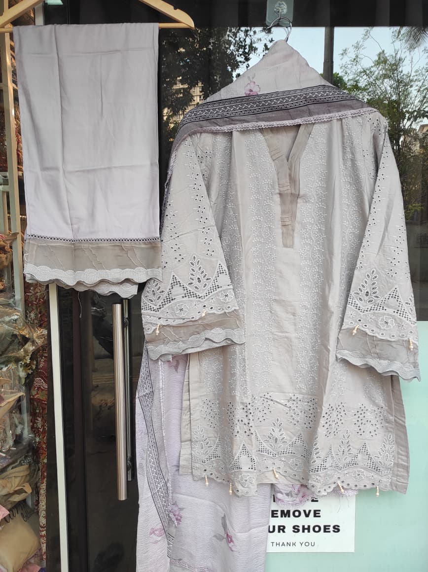 Dove Grey Embroidered Cutwork Suit Set