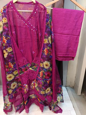 Magenta Khaadi Net Semi-stitched Anarkali