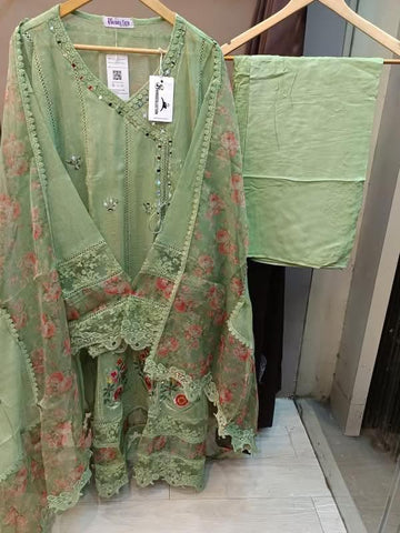 Pista Green Khaadi Net Semi-stitched Anarkali
