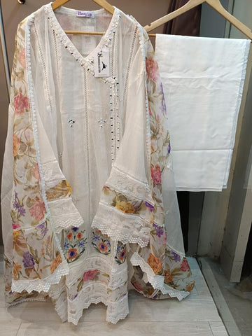 White Khaadi Net Semi-stitched Anarkali