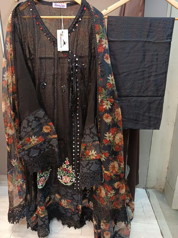 Black Khaadi Net Semi-stitched Anarkali