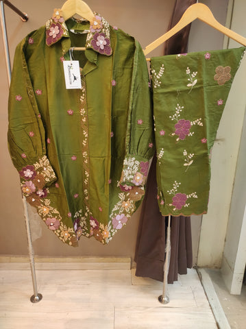 Cotton Satin Tunic Set | Mehendi Green