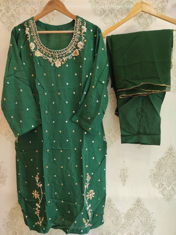 Green Raw Silk Kurta Set