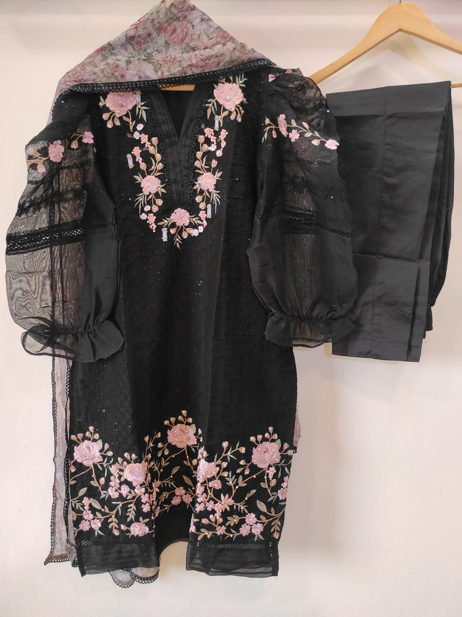 Puff-Sleeved Organza Tunic Set-Black