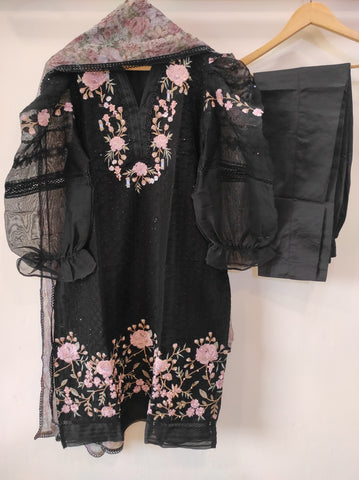 Puff-Sleeved Organza Tunic Set-Black