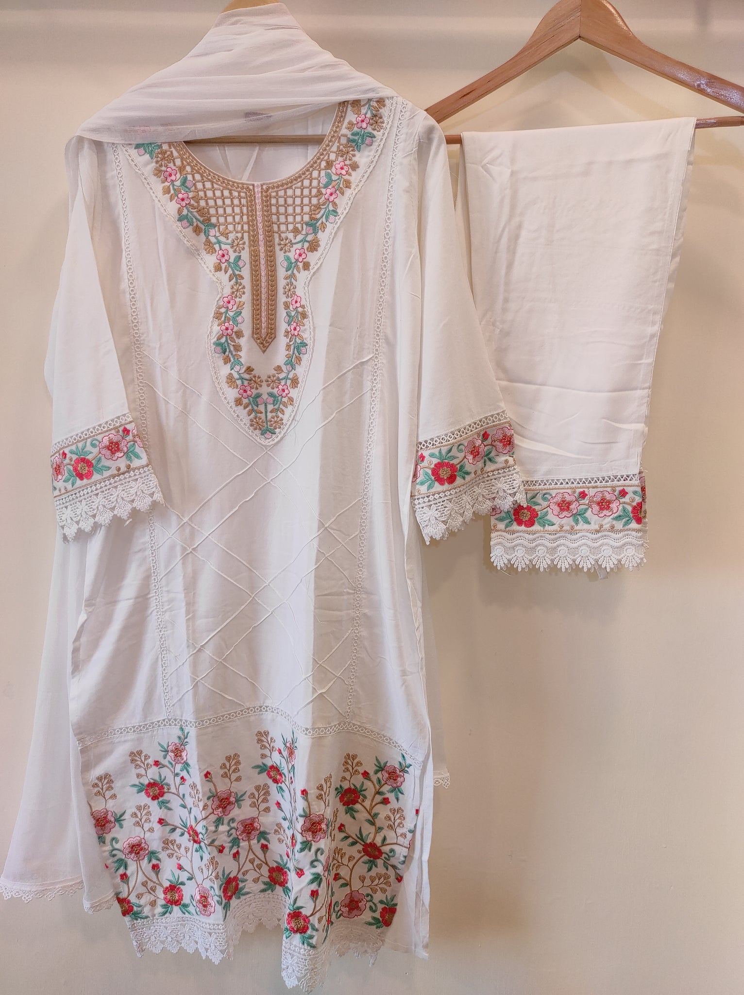 White and Golden Embroidered Kurta Set