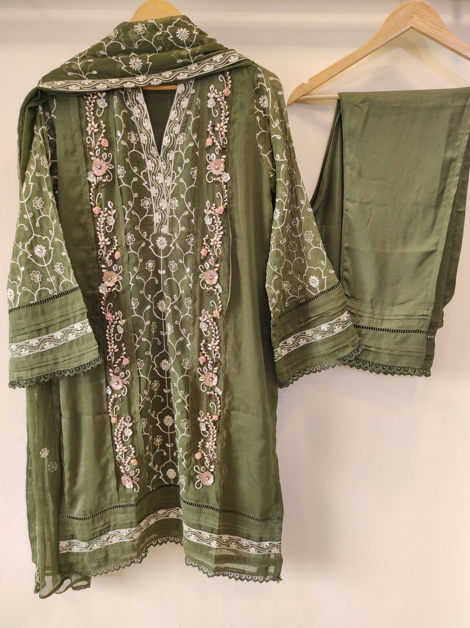 Olive Green Organza Kurta Set