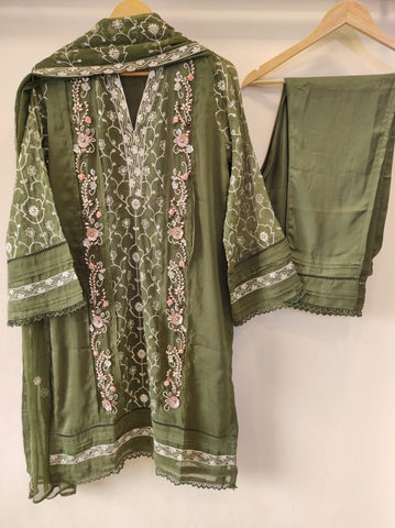 Olive Green Organza Kurta Set
