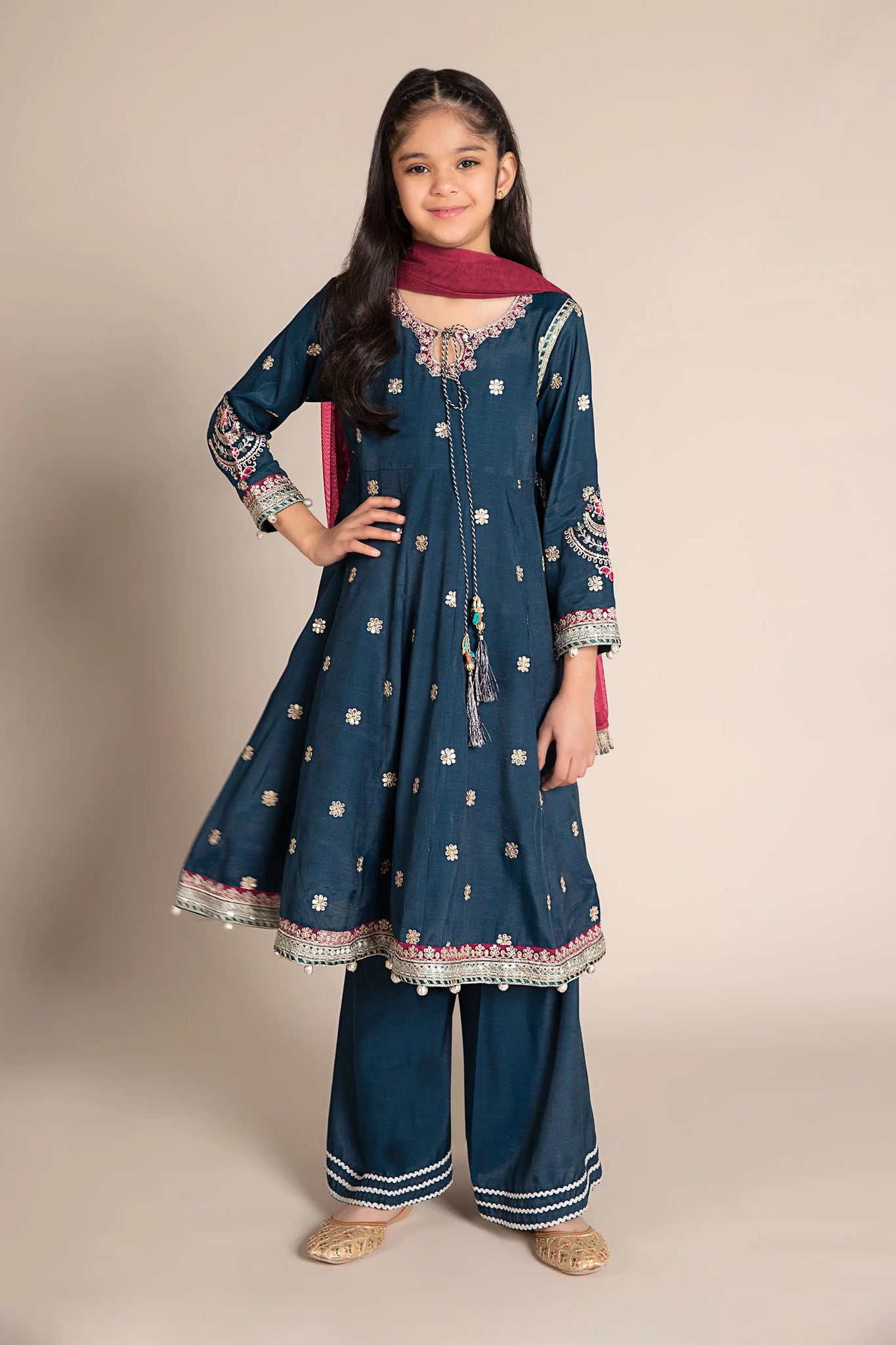 3 Piece Embroidered Raw silk Suit | MKS-EF25-07-Teal-2-4