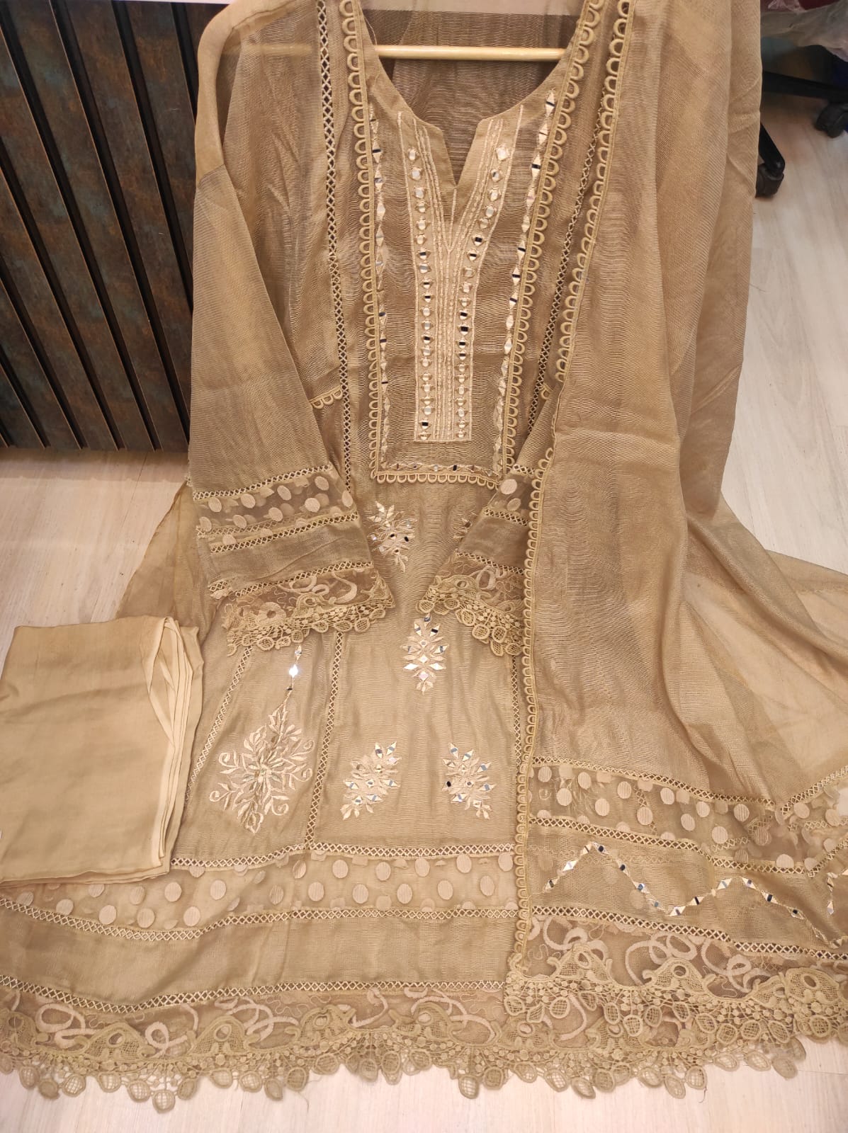 Beige Khaddi Net Semi-stitched Kurta Set
