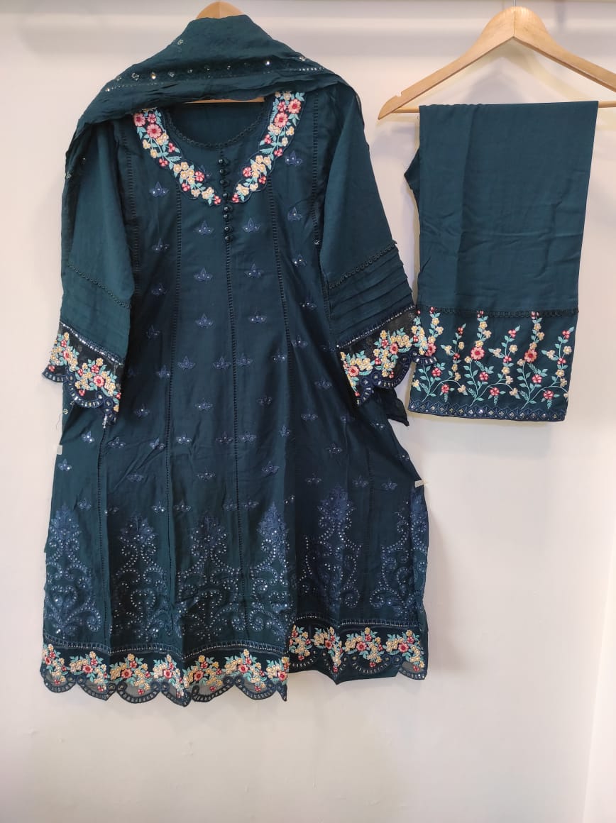 Teal Blue Embroidered Frock Set