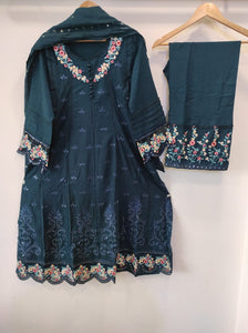 Teal Blue Embroidered Frock Set