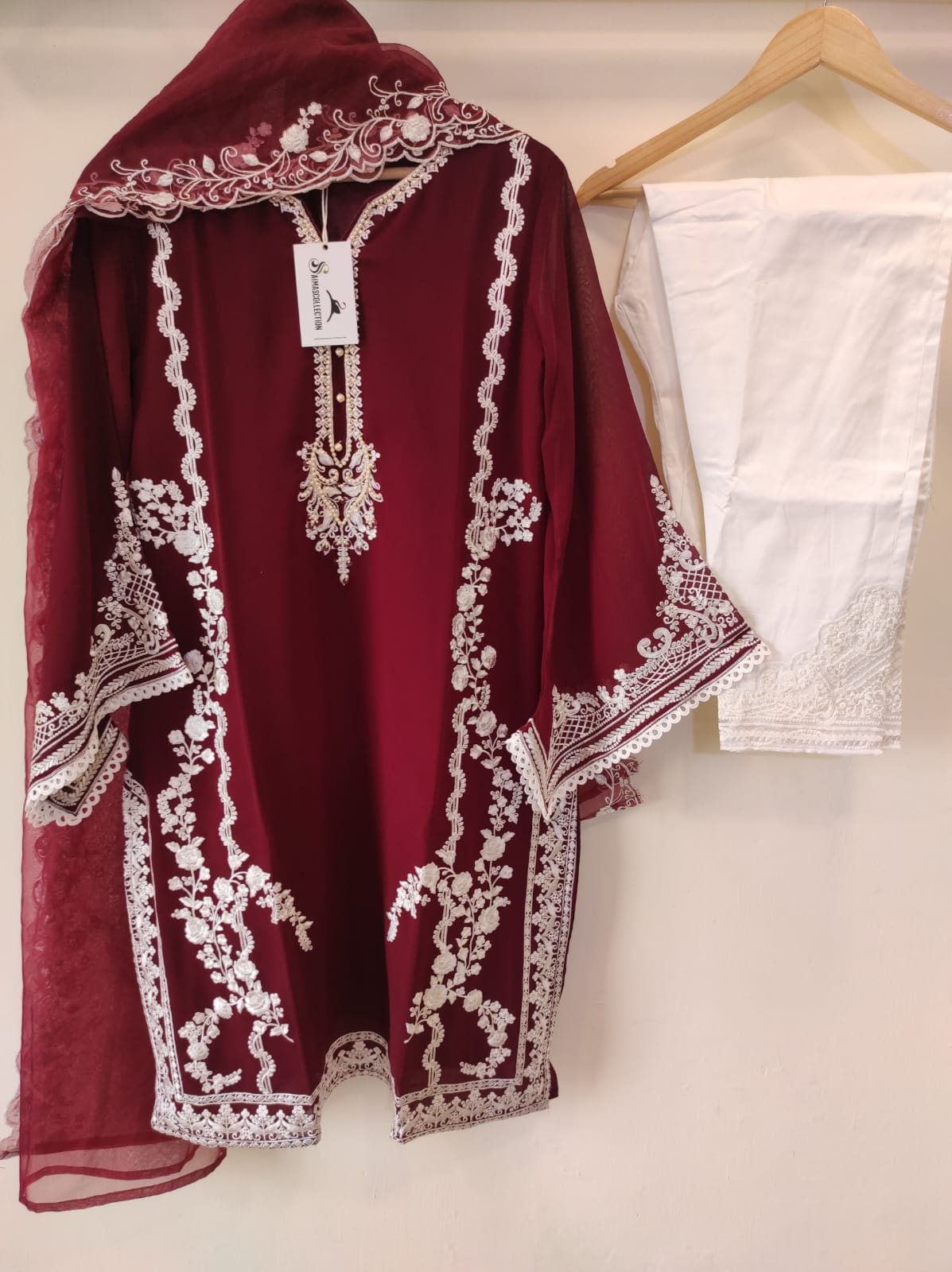 Georgette Embroidered Tunic With Designer Sleeves-Red