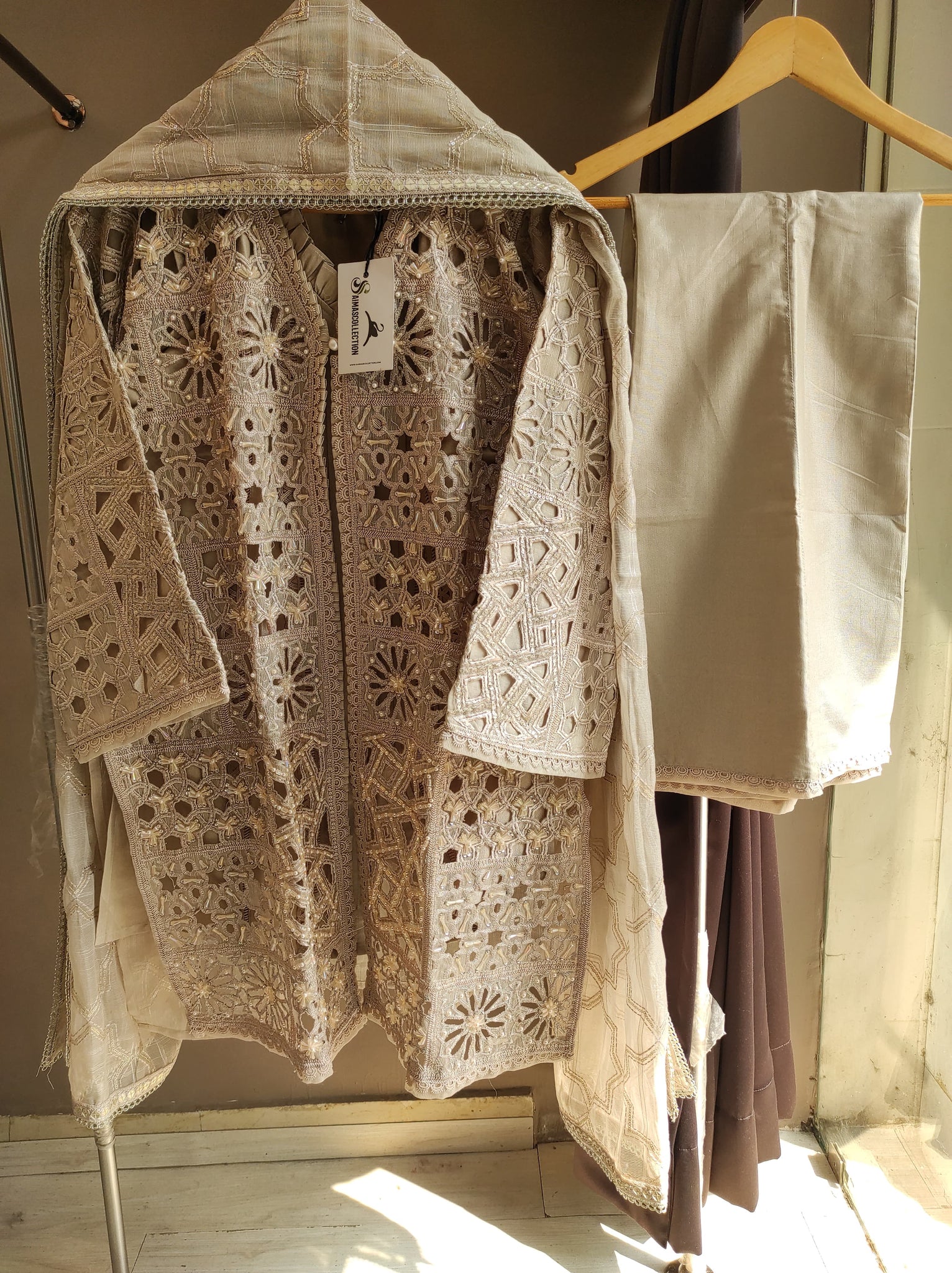Light Beige Cutwork Jacket Set