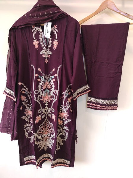 Wine Embroidered Kurta Set