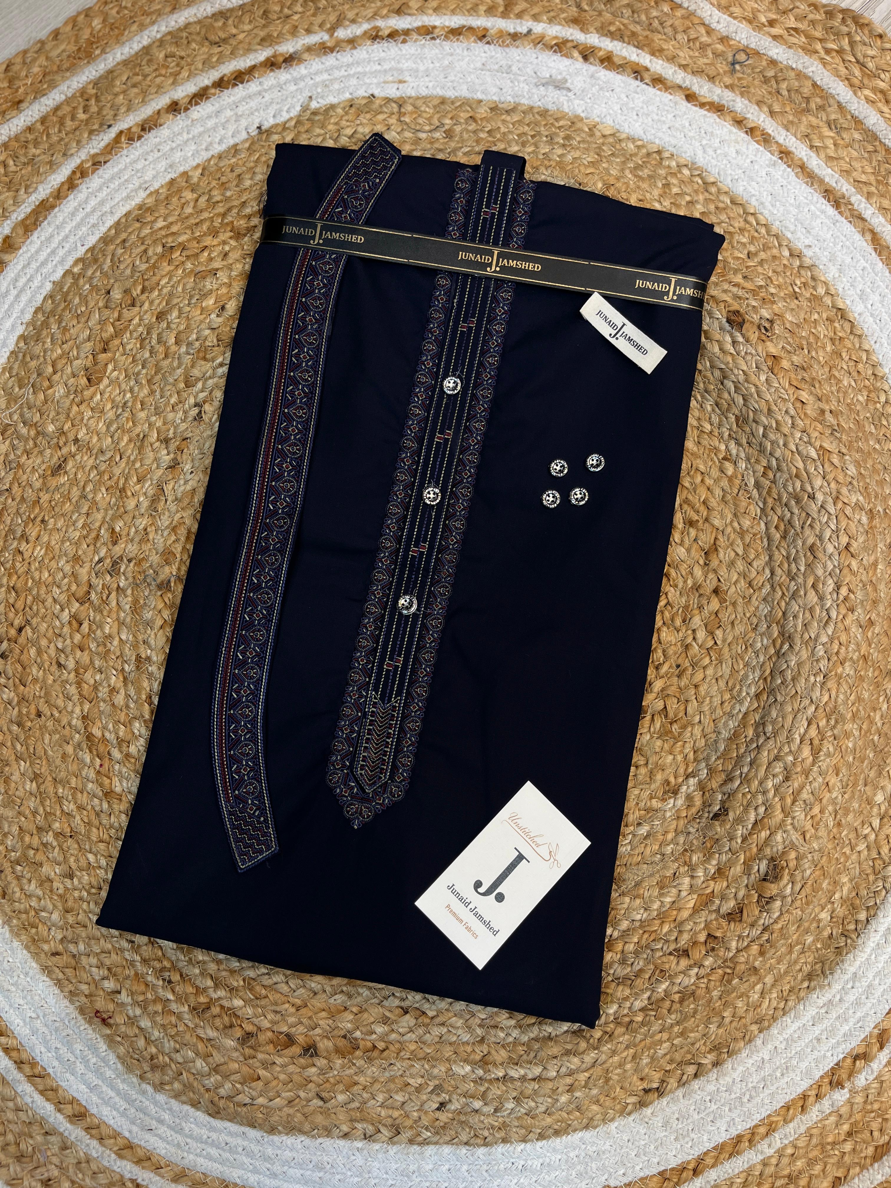NAVY BLUE EMBROIDERED BOSKI UNSTITCHED KAMEEZ SHALWAR FABRIC | JUNAID JAMSHED
