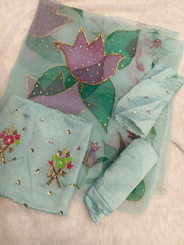 Hand Painted Handwork Aqua Sea-green Joda (Unstitched)