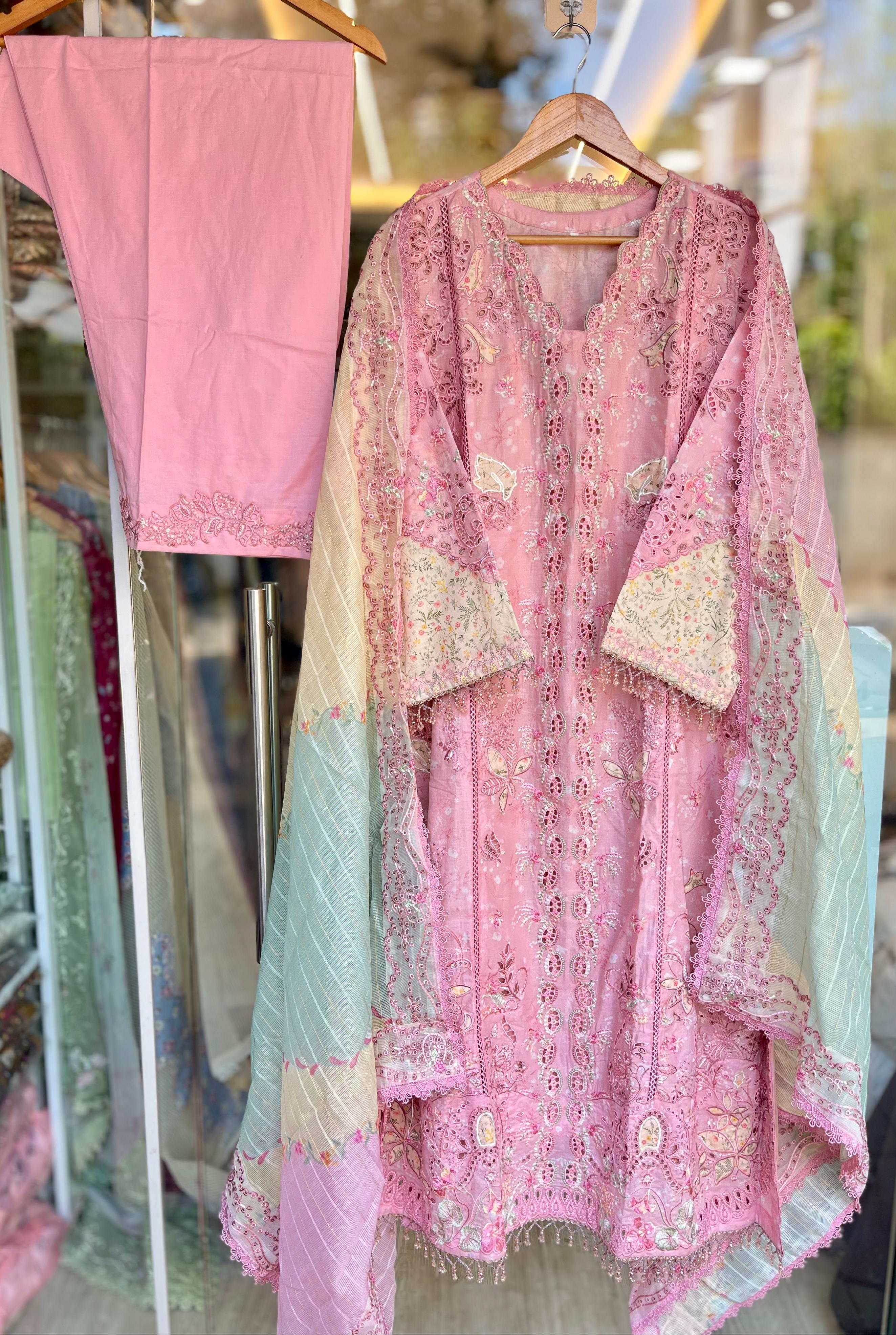 Qalamkar Sahil Lawn 2026 | Haniya | Baby Pink Embroidered Lawn Suit