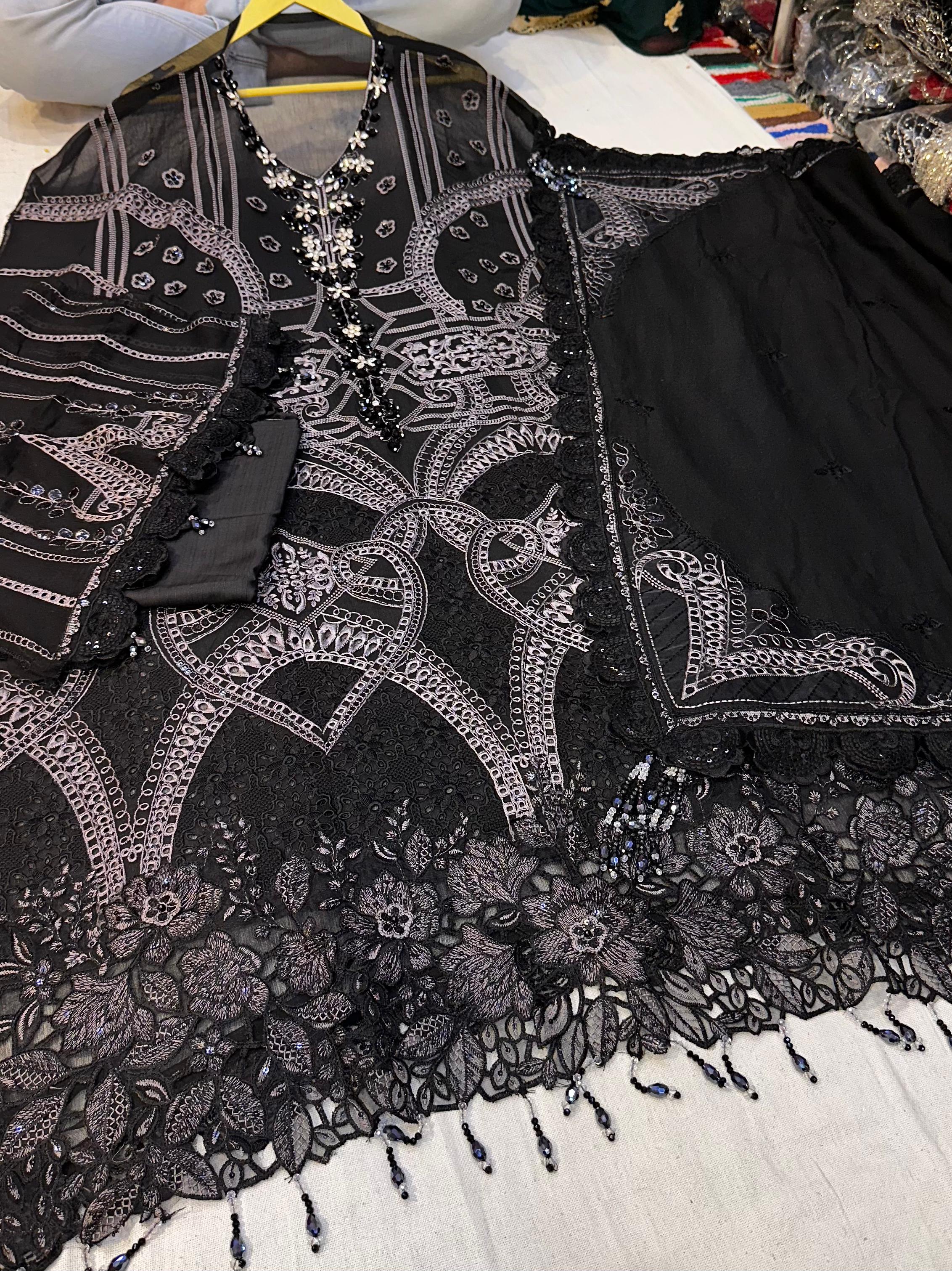 Embroidered Chiffon Suit | Black