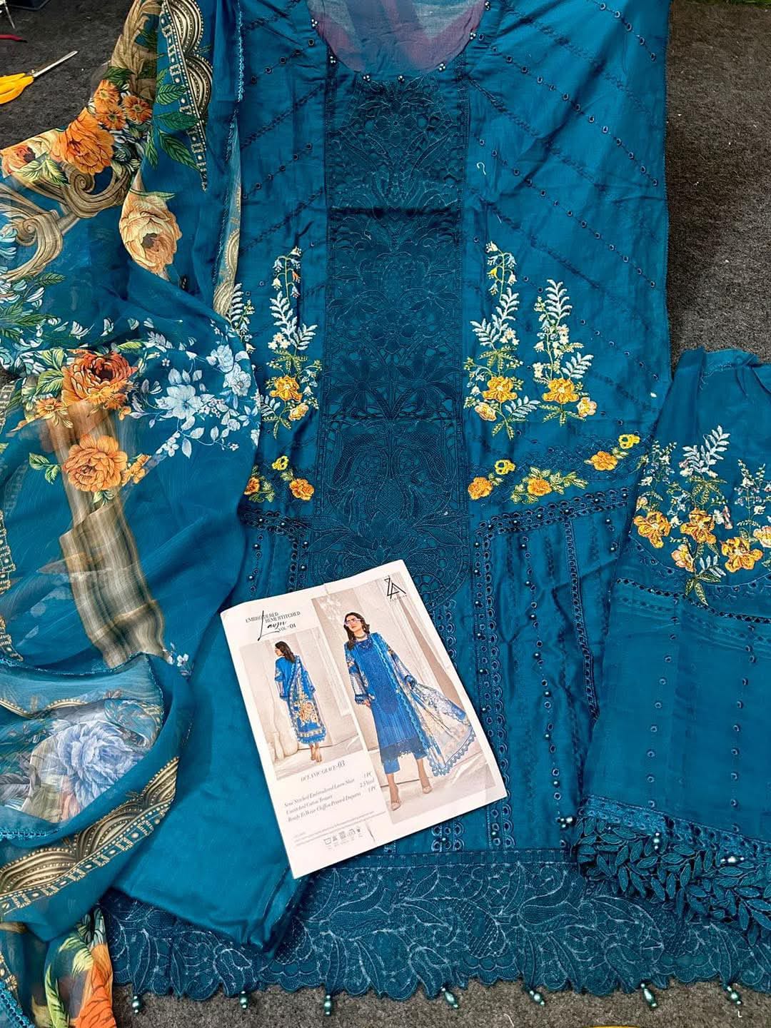 ZA Clothing Embroidered Semi Stitched Lawn | Navy Blue | Vol 01