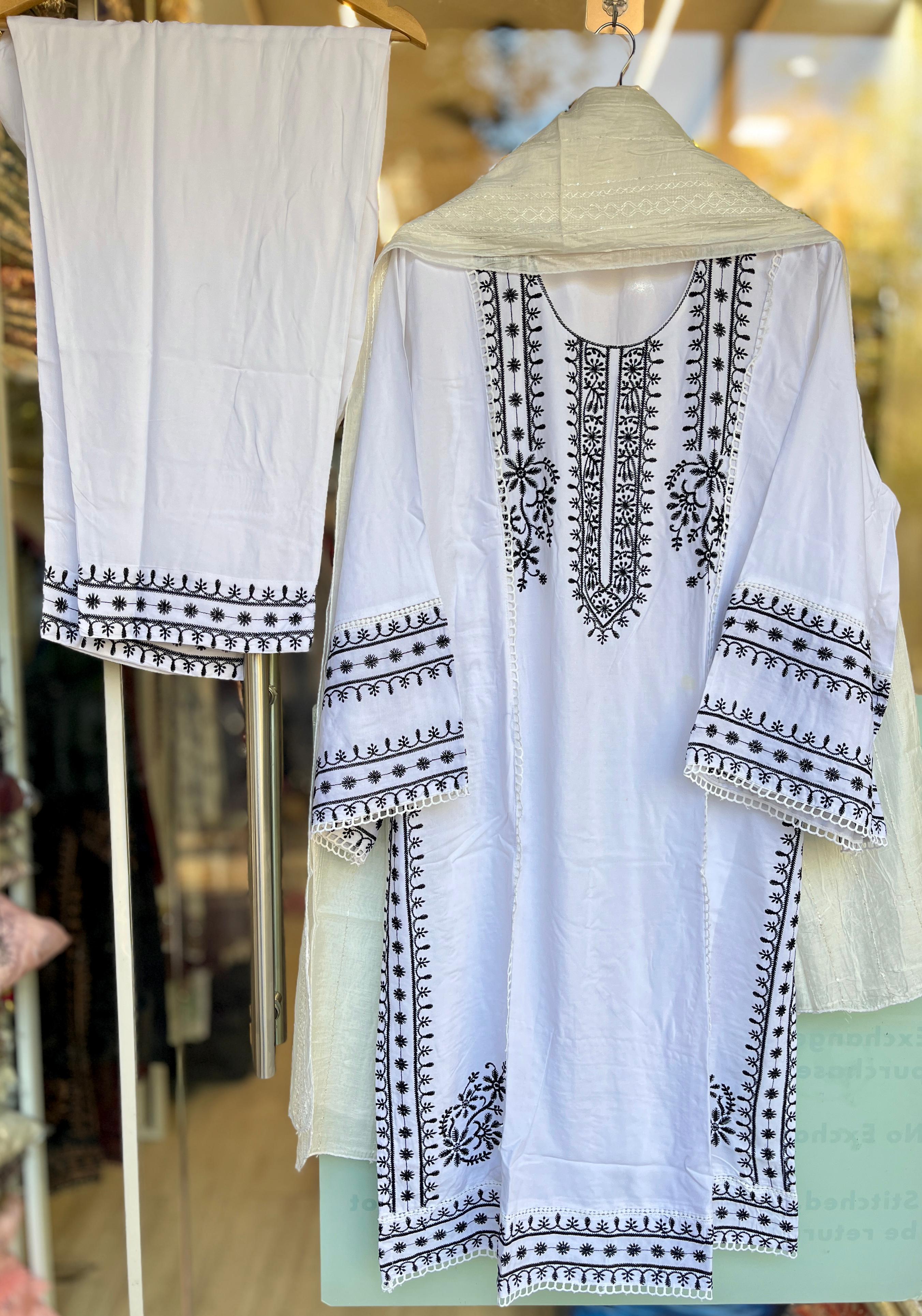 White with Black Embroidery Rayon Kurta Set (Plus sizes)