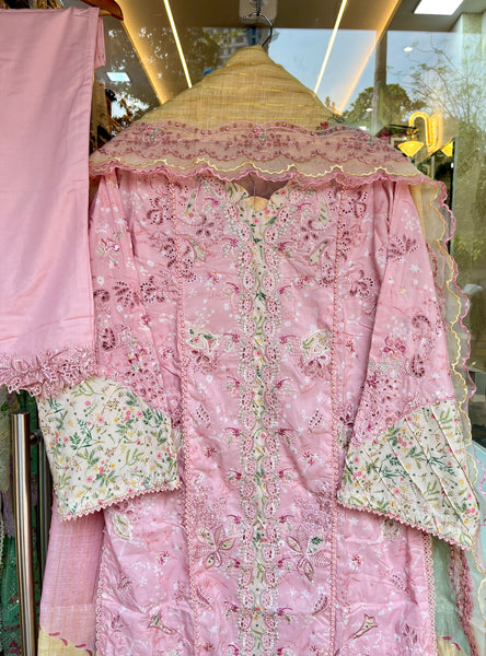 Blush Pink-Luxury Embroidered Viscose Silk Lawn Suit