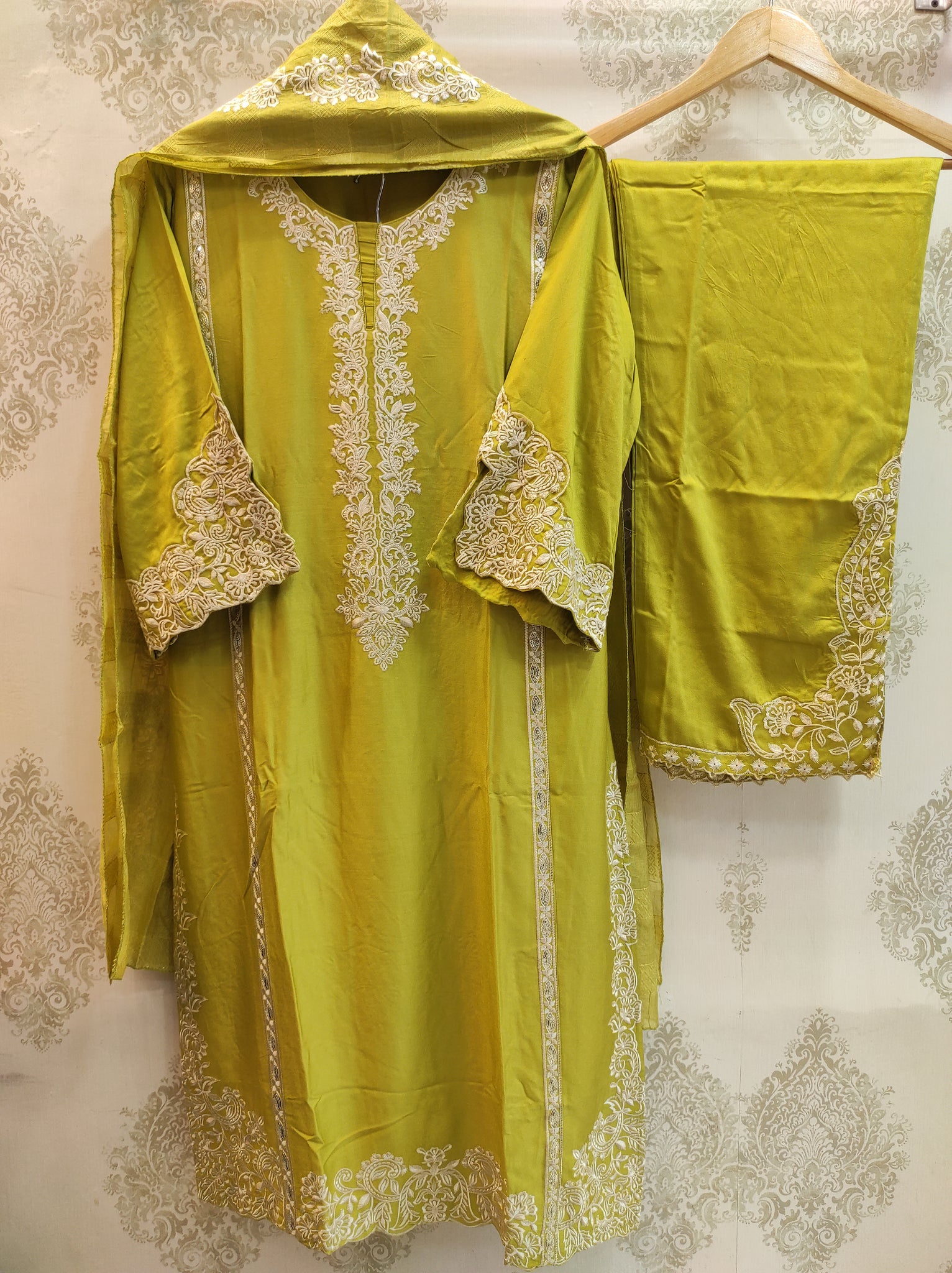 Lime Yellow Rayon Satin Embroidered Suit