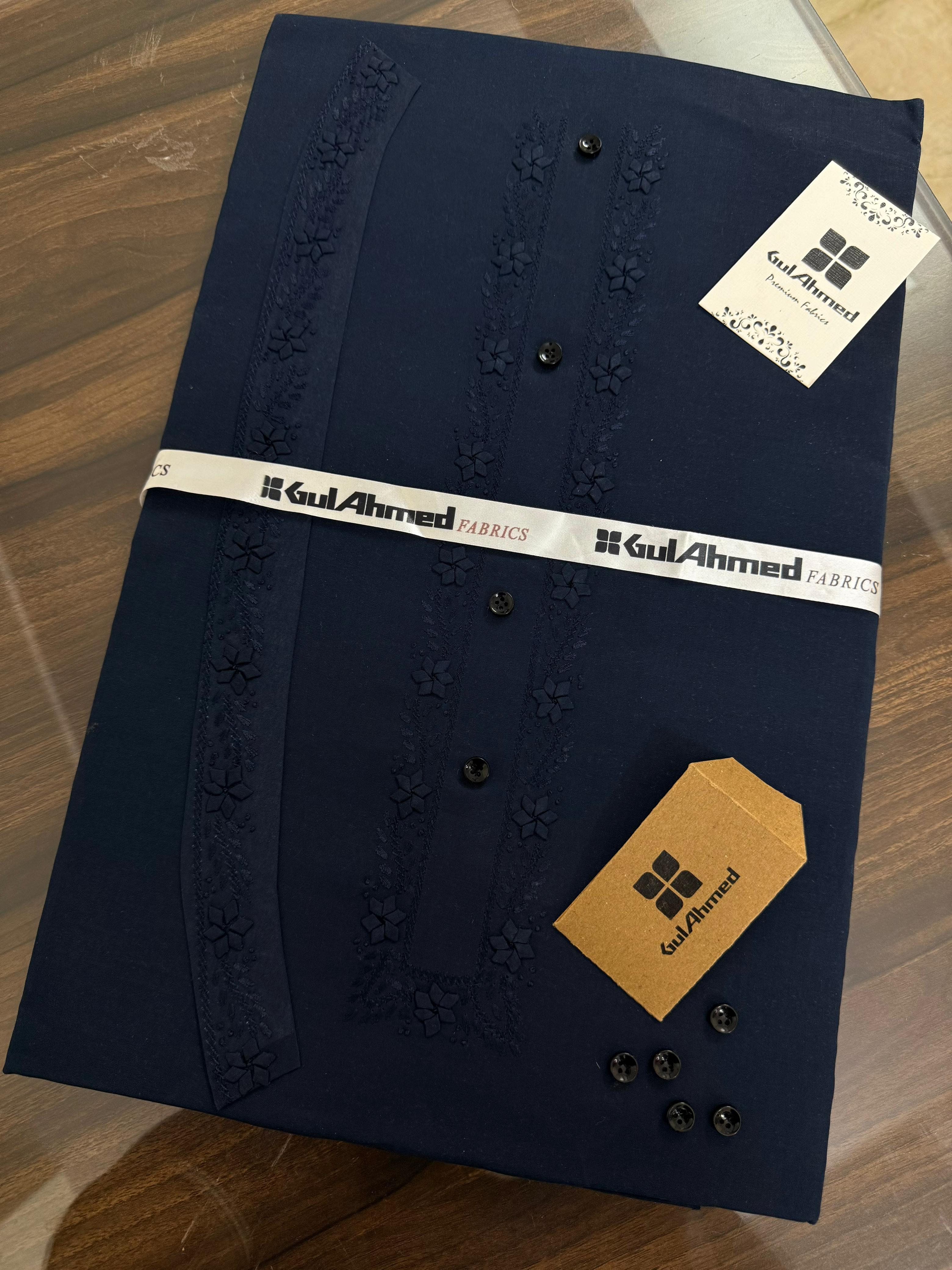 Gul Ahmed Embroidered Men's Unstitched Pathani (Navy Blue)