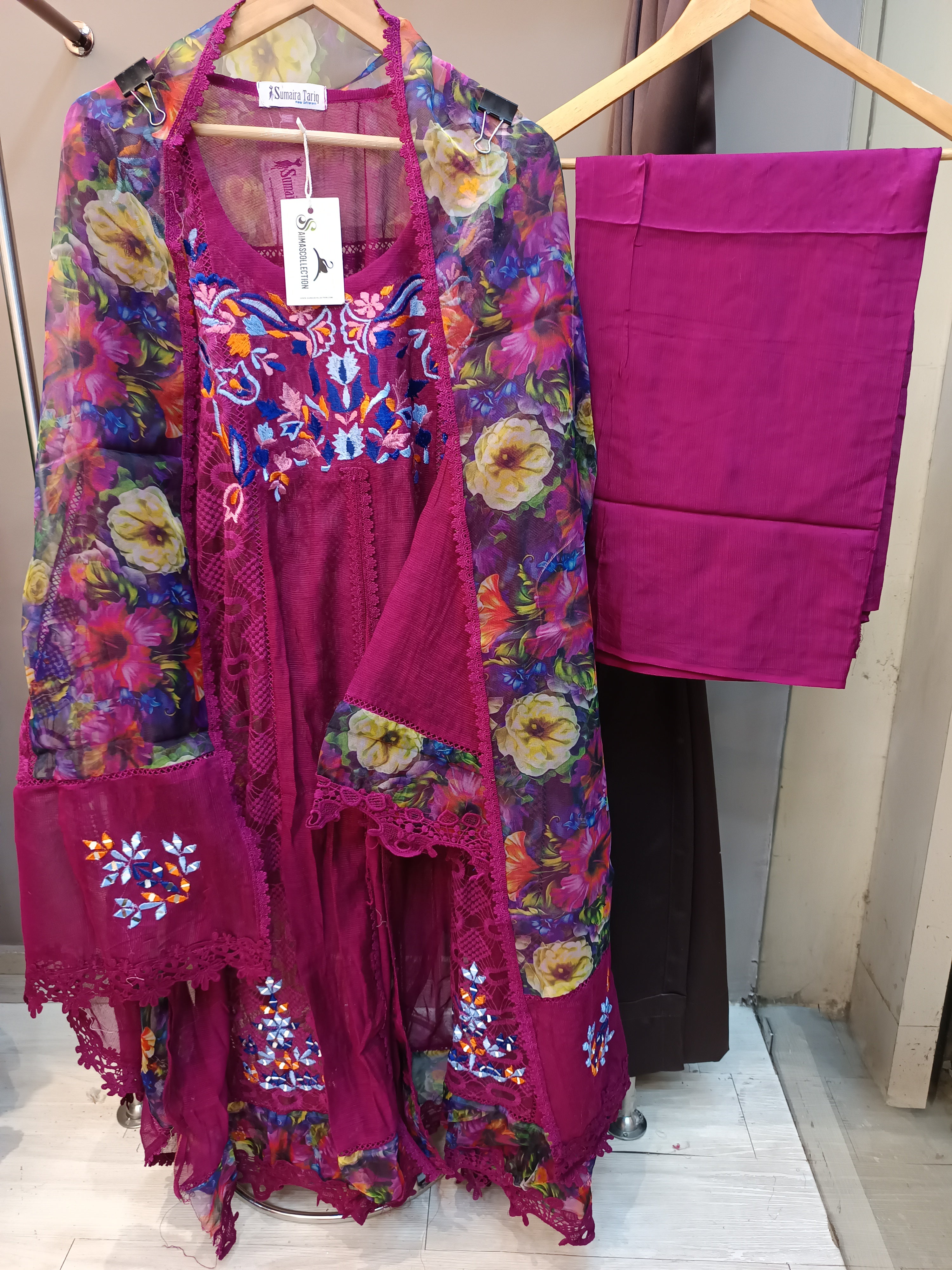 Magenta Khaadi Net Semi-stitched Frock