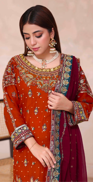 SEMI-STITCHED CHIFFON SUIT | RUST ORANGE