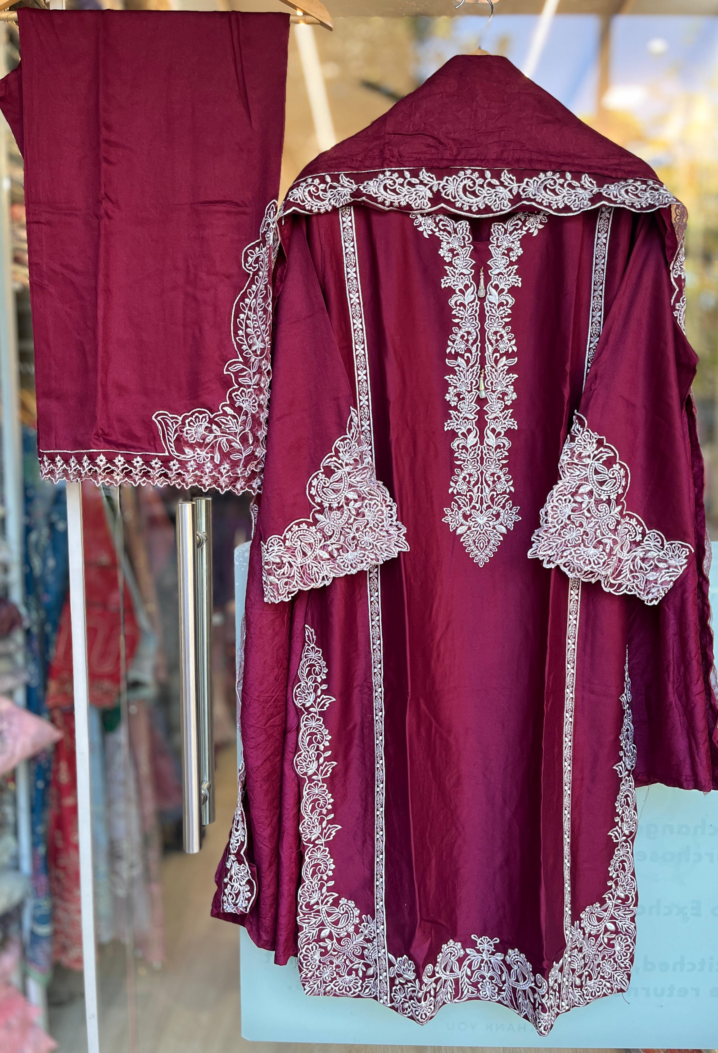 Magenta Rayon Embroidered Set