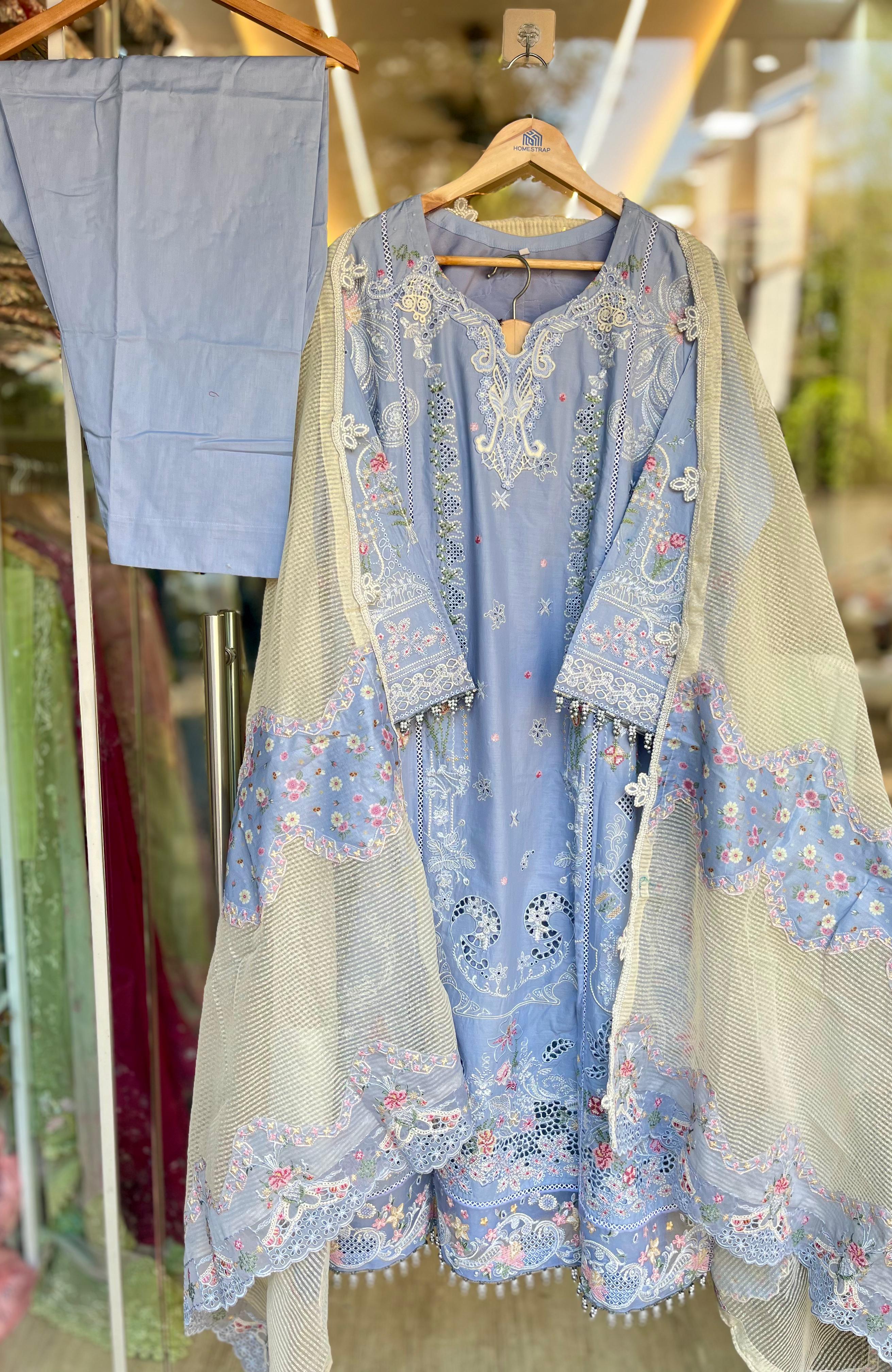 Qalamkar Sahil Lawn 2026 | Zayna | Powder Blue Embroidered Lawn Suit