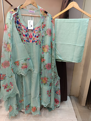 Sea green Khaadi Net Semi-stitched Frock
