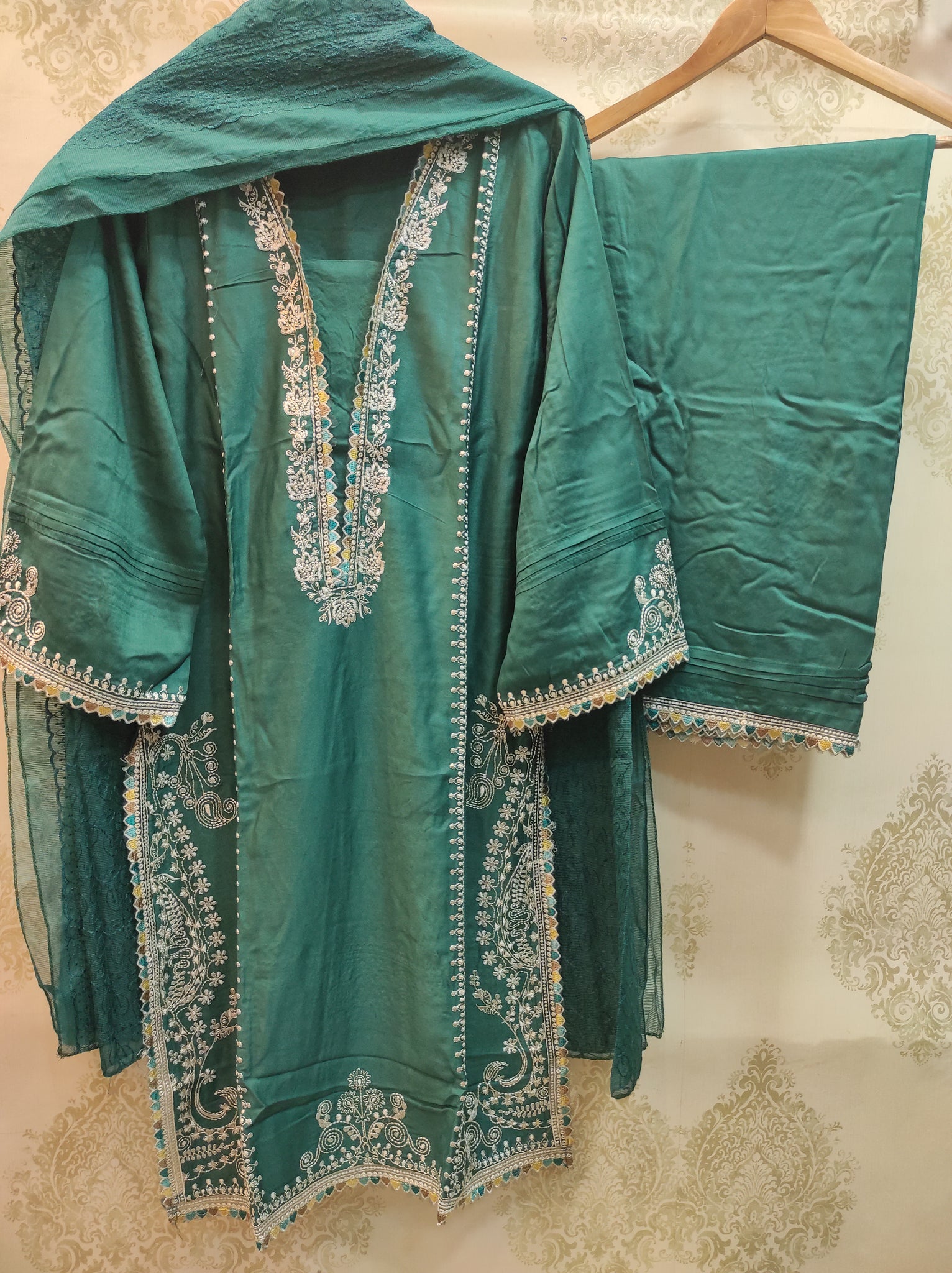 Dark Sea Green Embroidered Suit