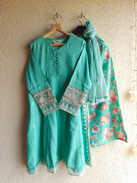 3 Piece Embroidered Zari Lawn Suit | MKS-EA23-04 Ferozi