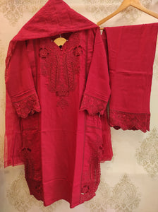 Blood Red Rayon Cutwork Embroidered Suit