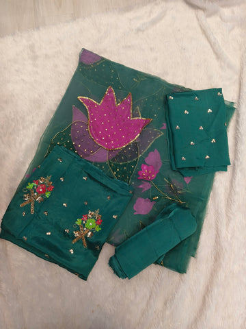 Hand Painted handwork Deep Sea-green Joda (Unstitched)